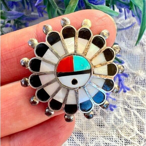 Vintage Native Zuni Sunface Brooch 60's - Picture 1 of 9
